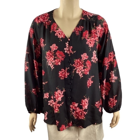 Lane Bryant Blouse Size 16 Black Pink Floral Button Front - Picture 1 of 7